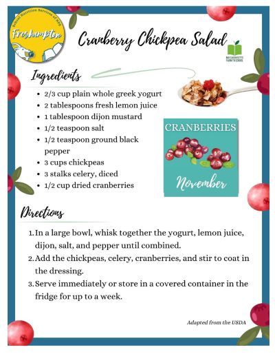 Photo of the Recipe for Cranberry Chickpea Salad: Ingredients are, 2/3 cup plain whole greek yogurt, 2 tablespoons fresh lemon juice, 1 tablespoon dijon mustard, 1/2 teaspoon salt, 1/2 teaspoon ground black pepper, 3 cups chickpeas, 3 stalks celery (diced), 1/2 cup dried cranberries.  In a large bowl whist together the yogurt, lemon juice, dijon, salt, pepper until combined. Add the chickpeas, celery, cranberries, and stir to coat in the dressing. Serve immediately or store in a covered container in the refrigerator for up to a week.